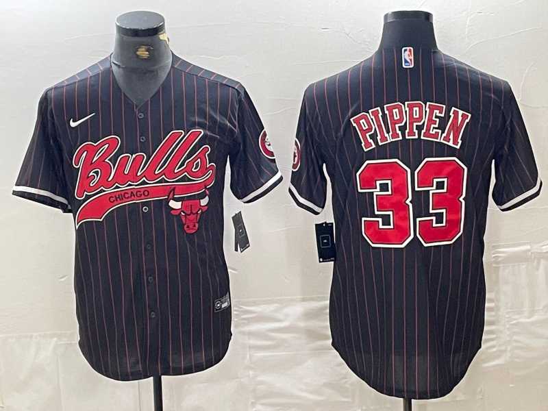 Mens Chicago Bulls #33 Scottie Pippen Black Pinstripe Cool Base Stitched Baseball Jersey->->NBA Jersey